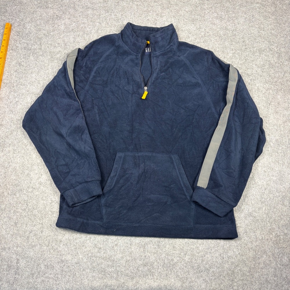 Gap Mens Fleece Pullover Quarter Zip Navy Blue Grey Stripe Large Pocket Raglan